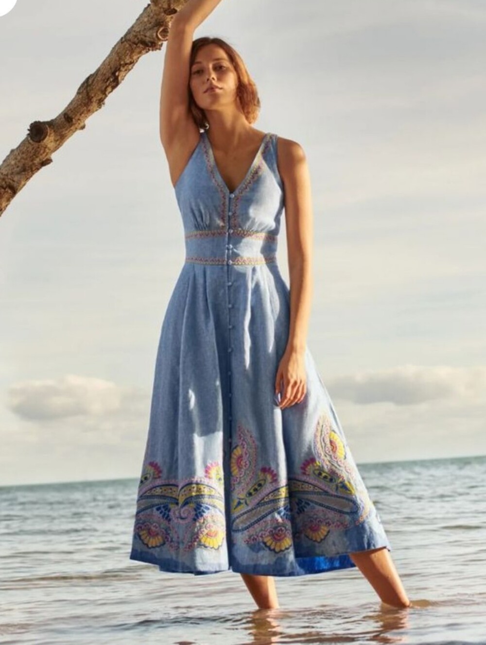 Boden Jemima Linen Midi Dress-White Embroidered Chambray Midi Dress Size 10R